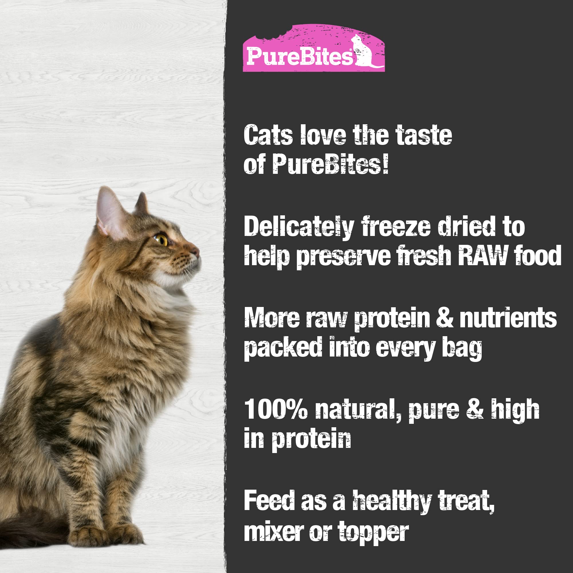Envase principal de PureBites salmón para gatos, práctico.