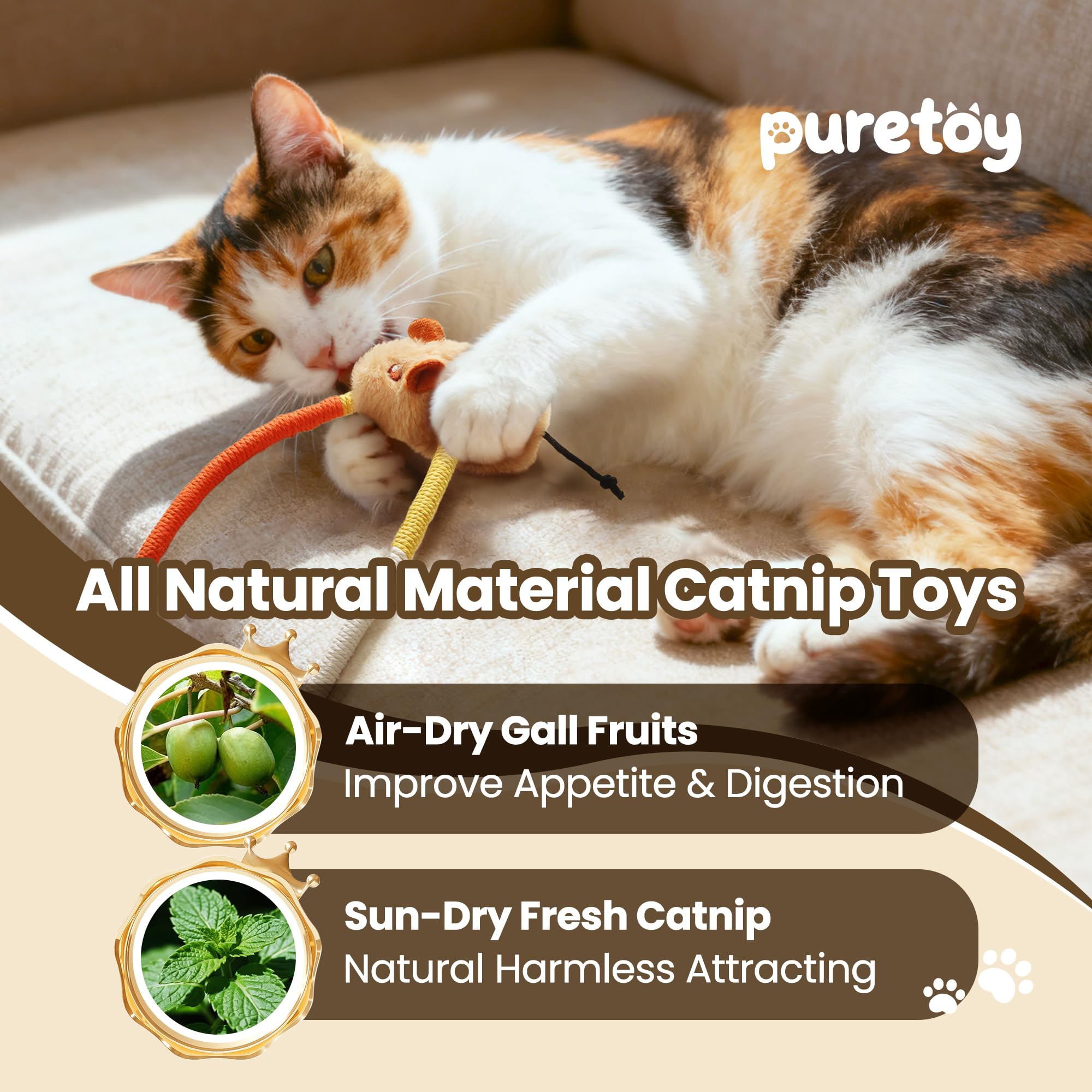 PURETOY frutas naturales en extremos para masticación guiada y atracción extra.