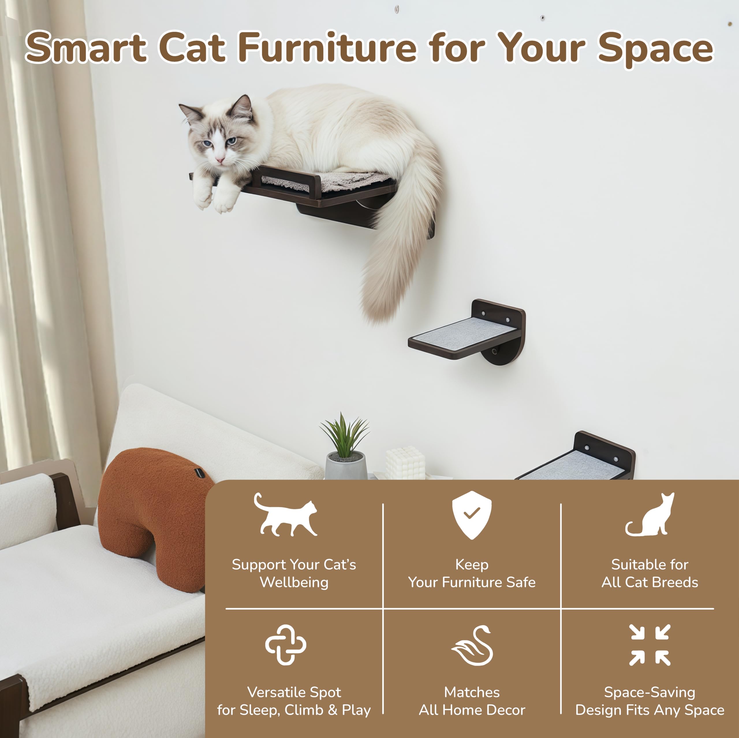 PURRHOUSE 3 pasos antideslizantes para gatos grandes en pared