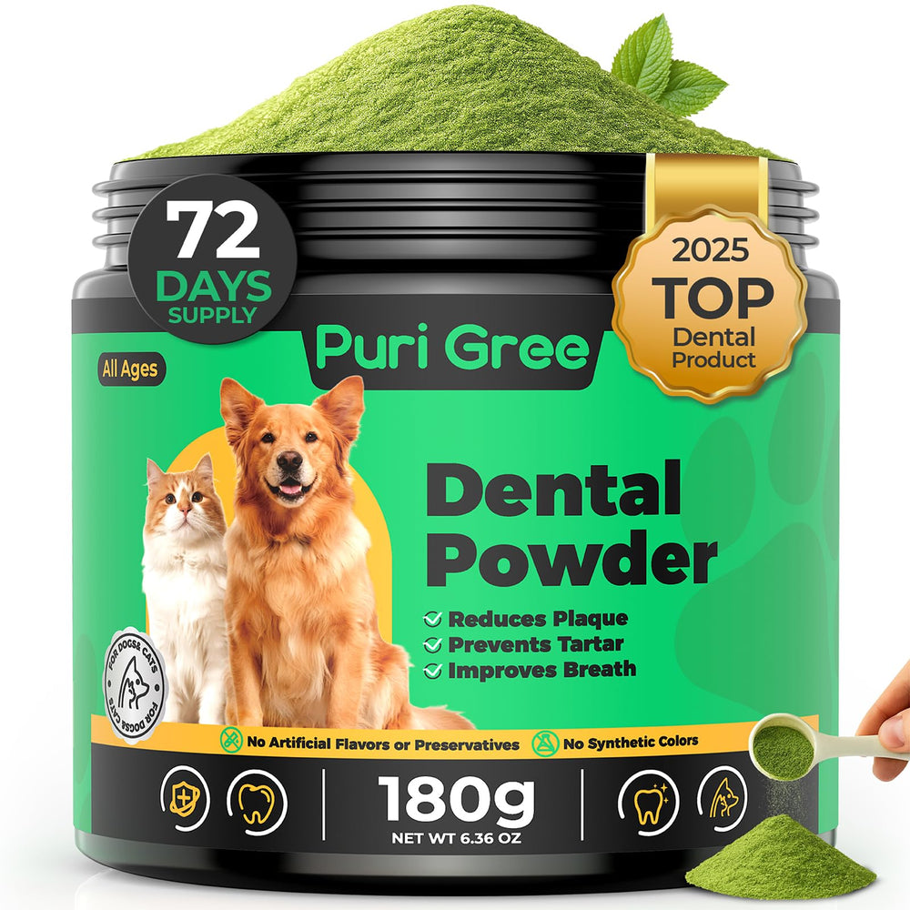 Purigree polvo dental para perros, mejora limpieza dental y aliento fresco.