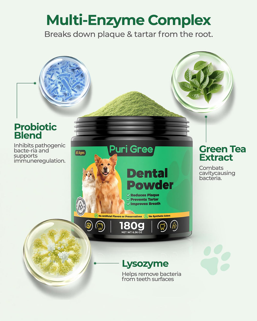 Purigree sonrisa saludable para perros con uso constante del polvo dental.