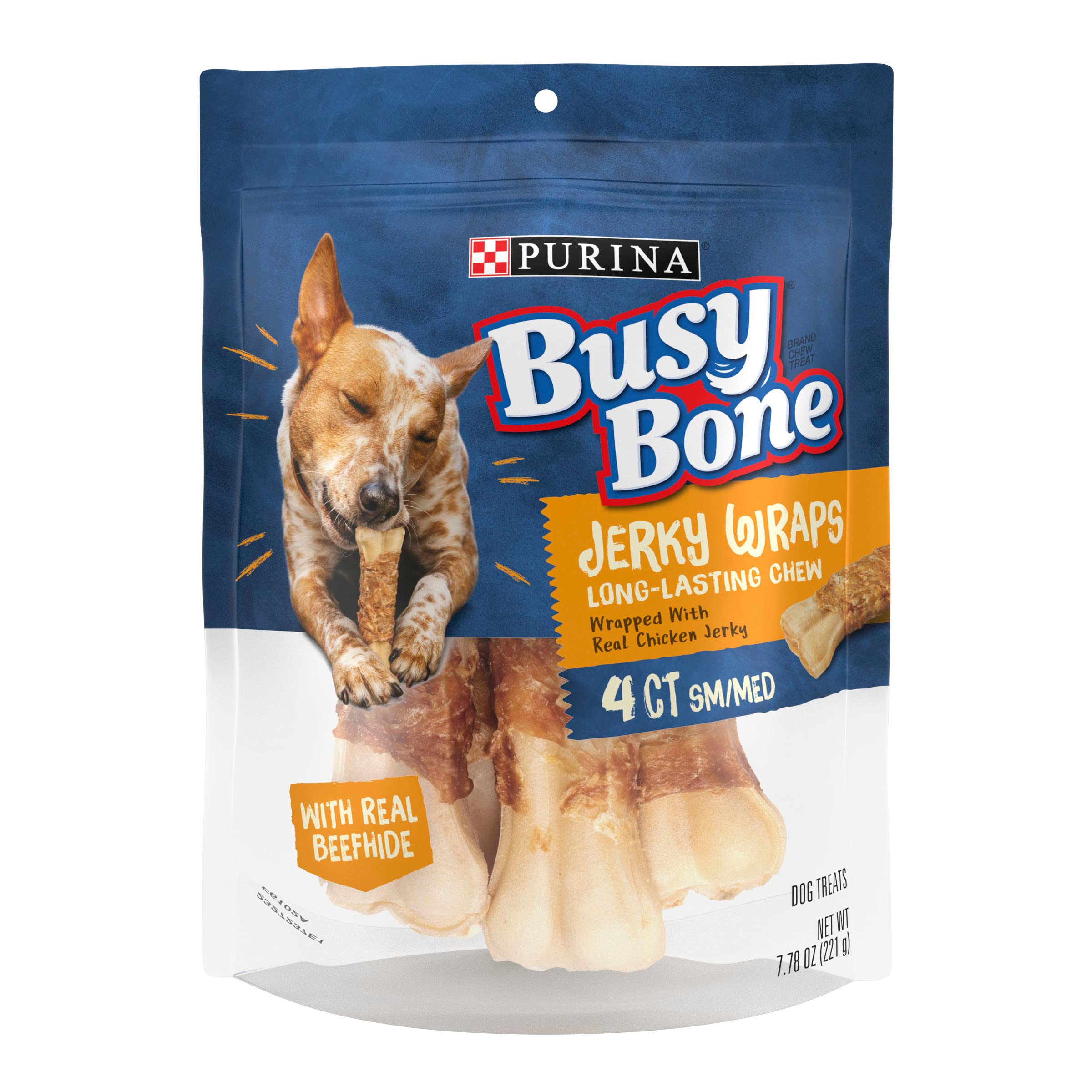 Purina Busy Jerky Wraps: empaque de 4 bolsas para compra rápida y cómoda.