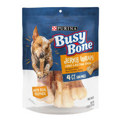 Purina Busy Jerky Wraps: empaque de 4 bolsas para compra rápida y cómoda.