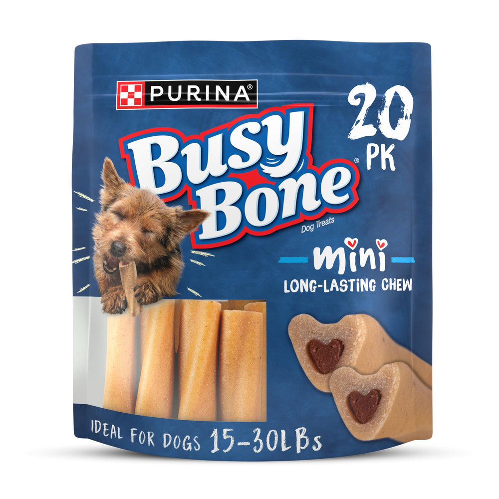 Purina Busy Mini hueso con centro de carne real, sabor intenso.