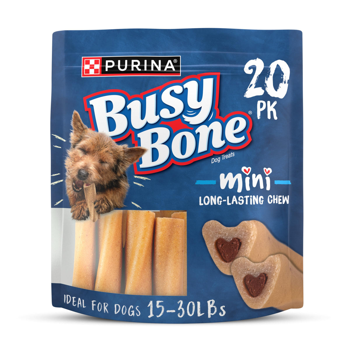 Purina Busy Mini hueso con centro de carne real, sabor intenso.
