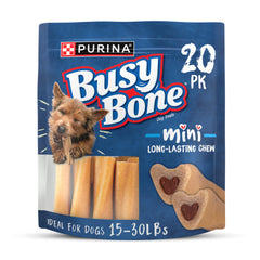 Purina Busy Mini hueso con centro de carne real, sabor intenso.