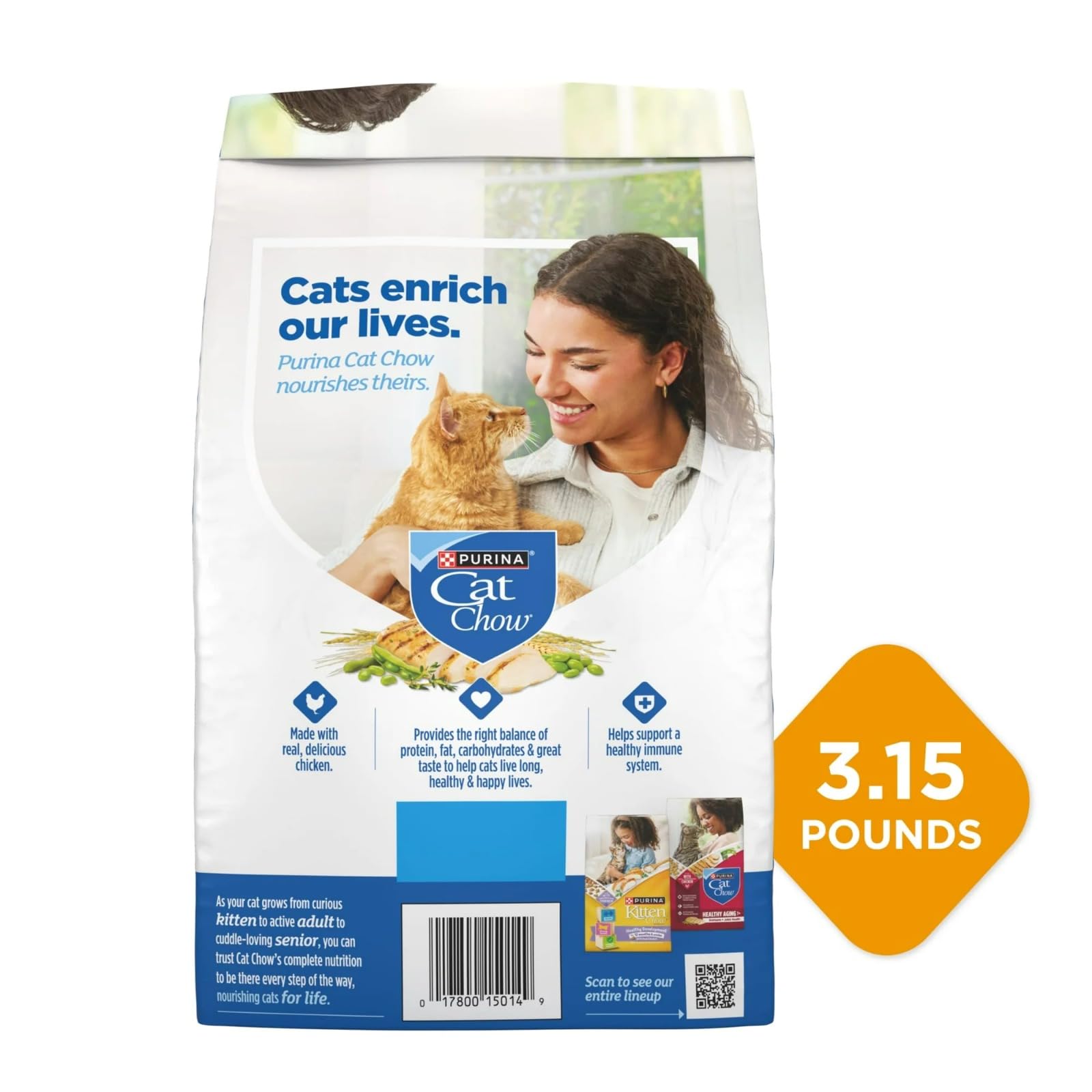Purina Cat Chow etiqueta nutricional para consulta rápida y segura.