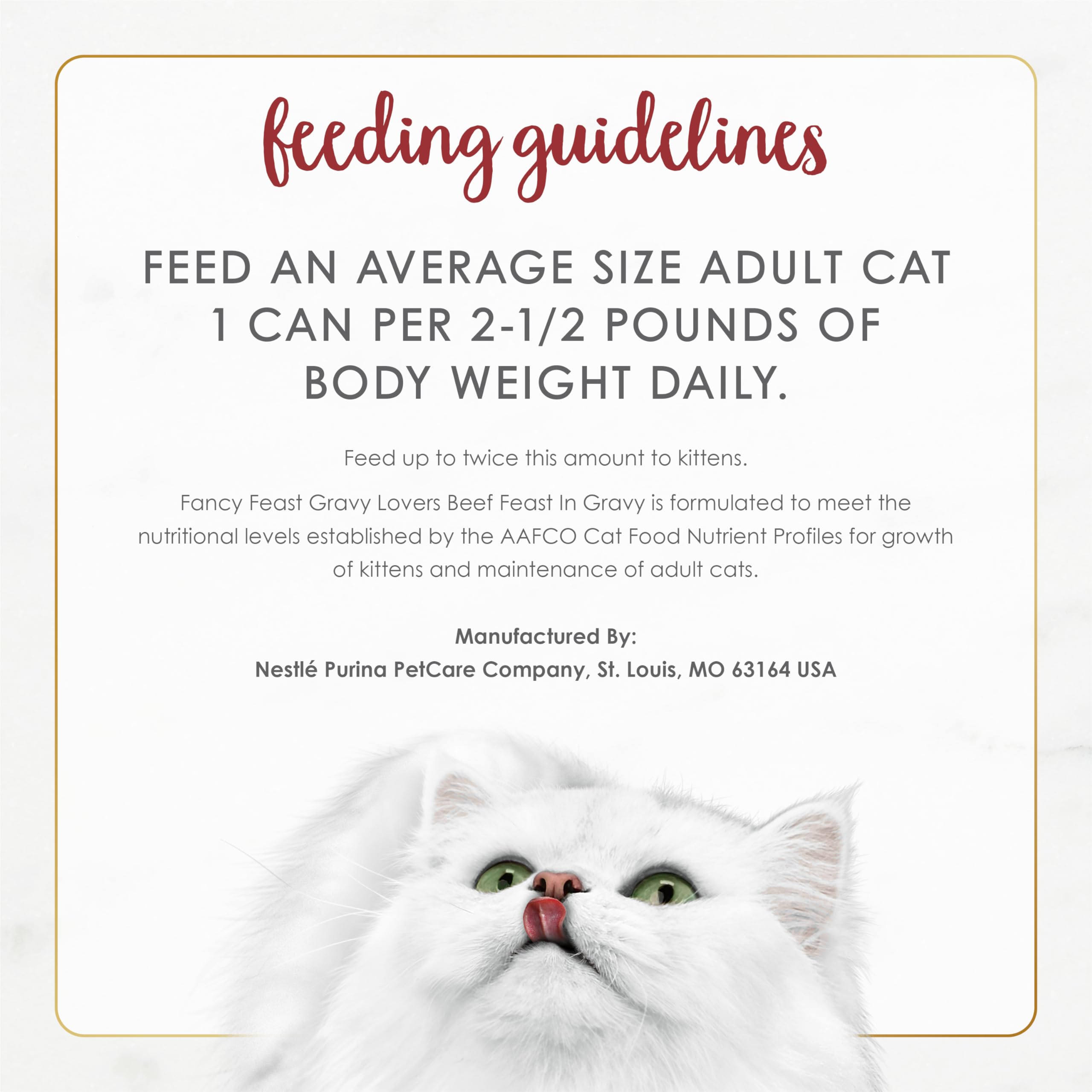 Purina Fancy Feast, etiqueta nutricional clara, ayuda a planificar la dieta.