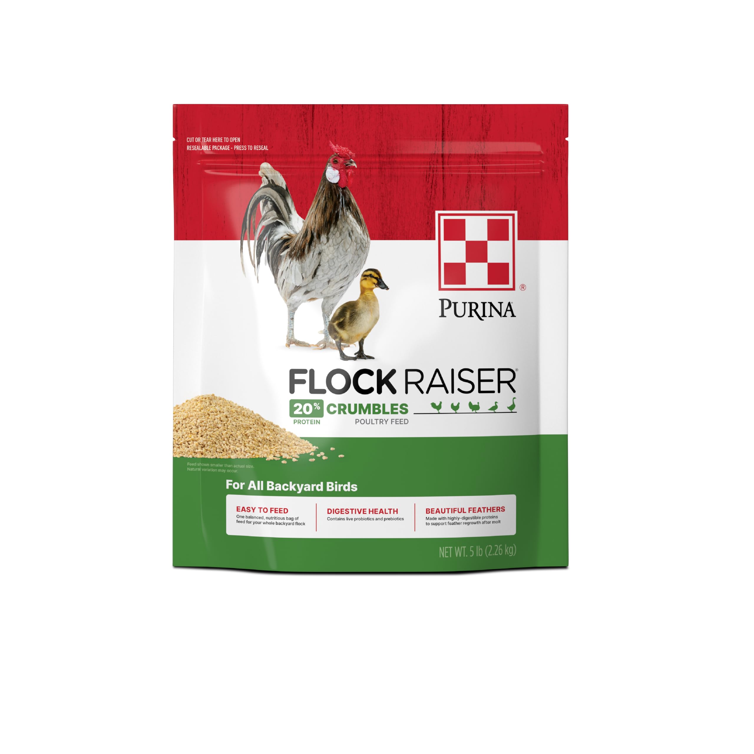 Purina Flock Raiser Crumbles, empaque con dos bolsas para aves.