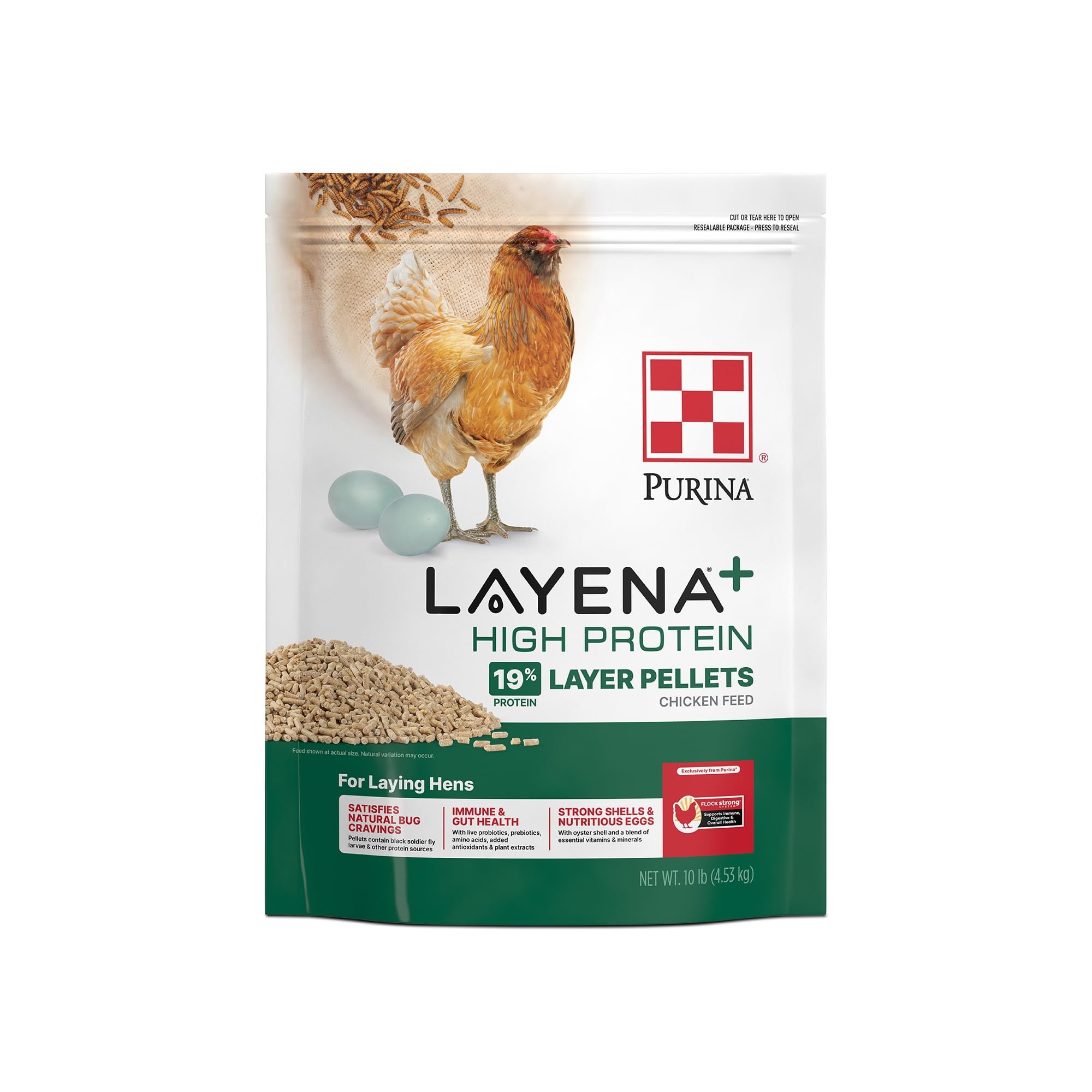 Purina Layena alimento para gallinas granulado con beneficios nutricionales.