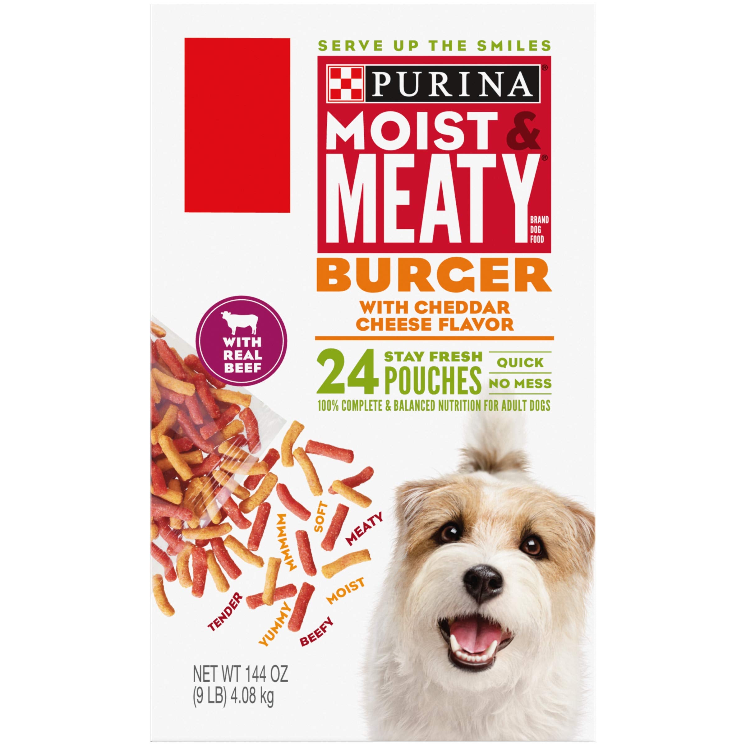 Purina Moist & Meaty con carne real como ingrediente principal en la imagen del producto
