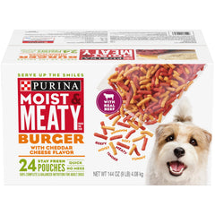 Purina Moist & Meaty frente al envase, sabor hamburguesa con cheddar para perros