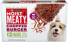 Purina Moist & Meaty trozos-hamburguesa visibles para perros adultos.