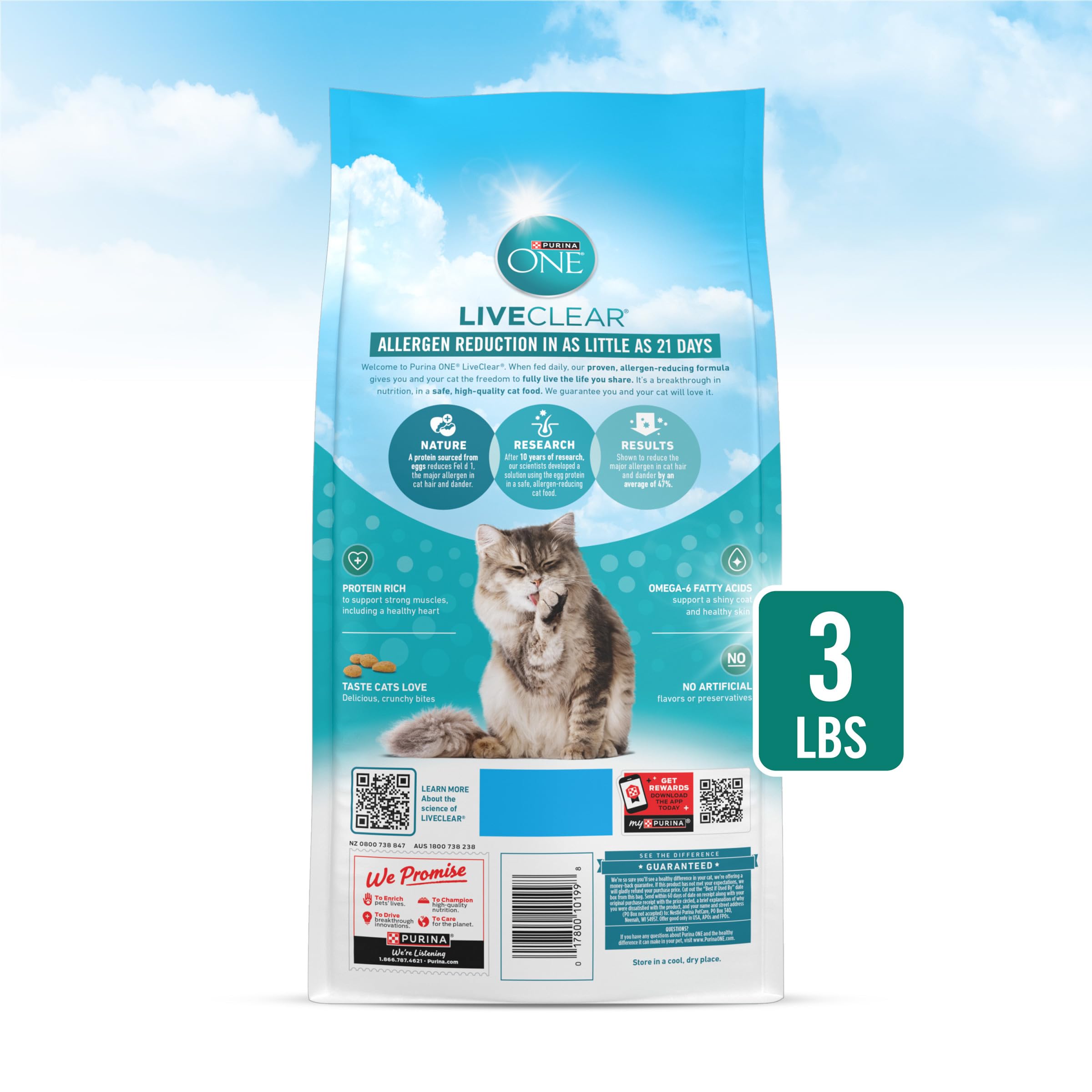 Purina ONE LiveClear, empaque de 3 lb listo para el hogar.