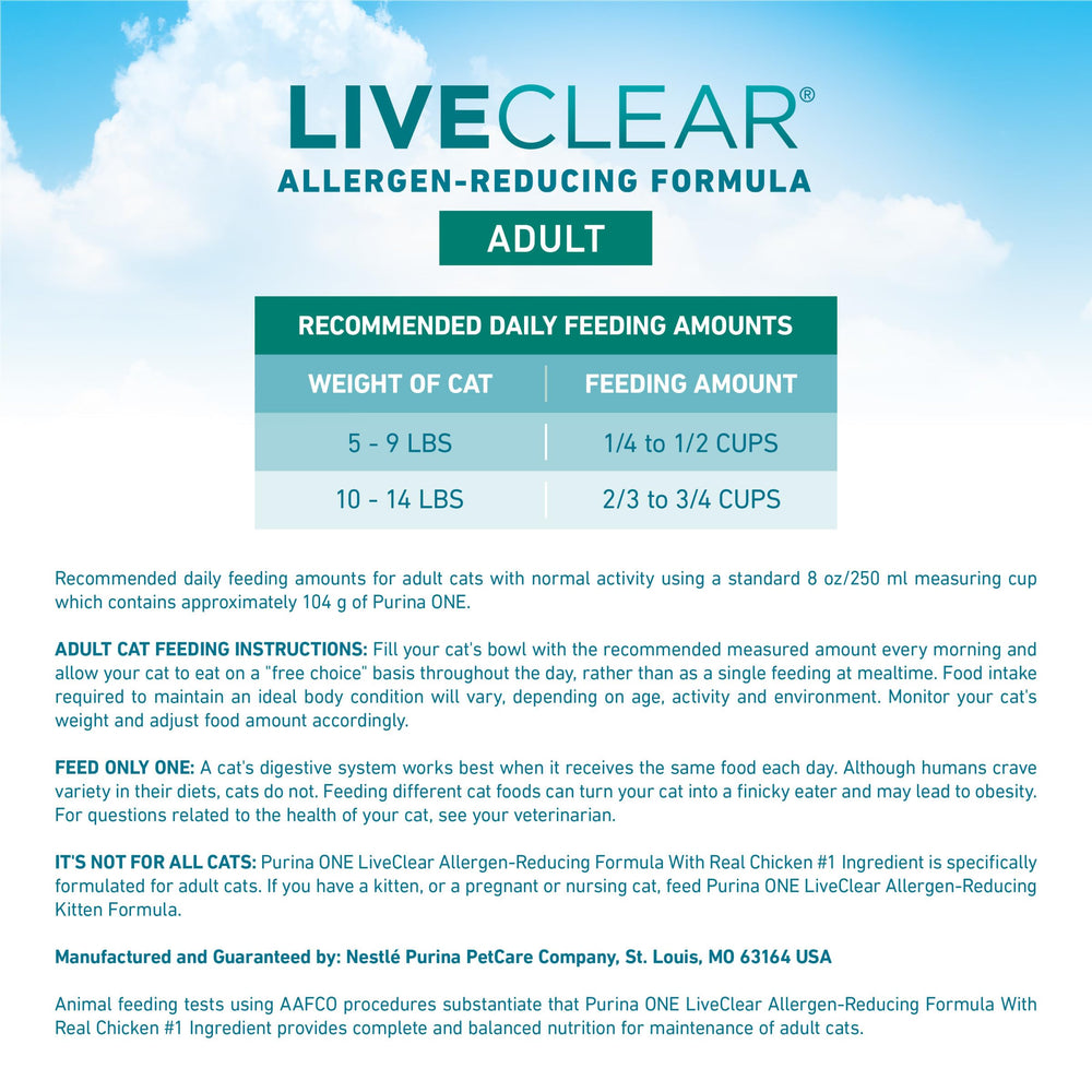 Purina ONE LiveClear, sabor pollo real y nutricion para gatos.