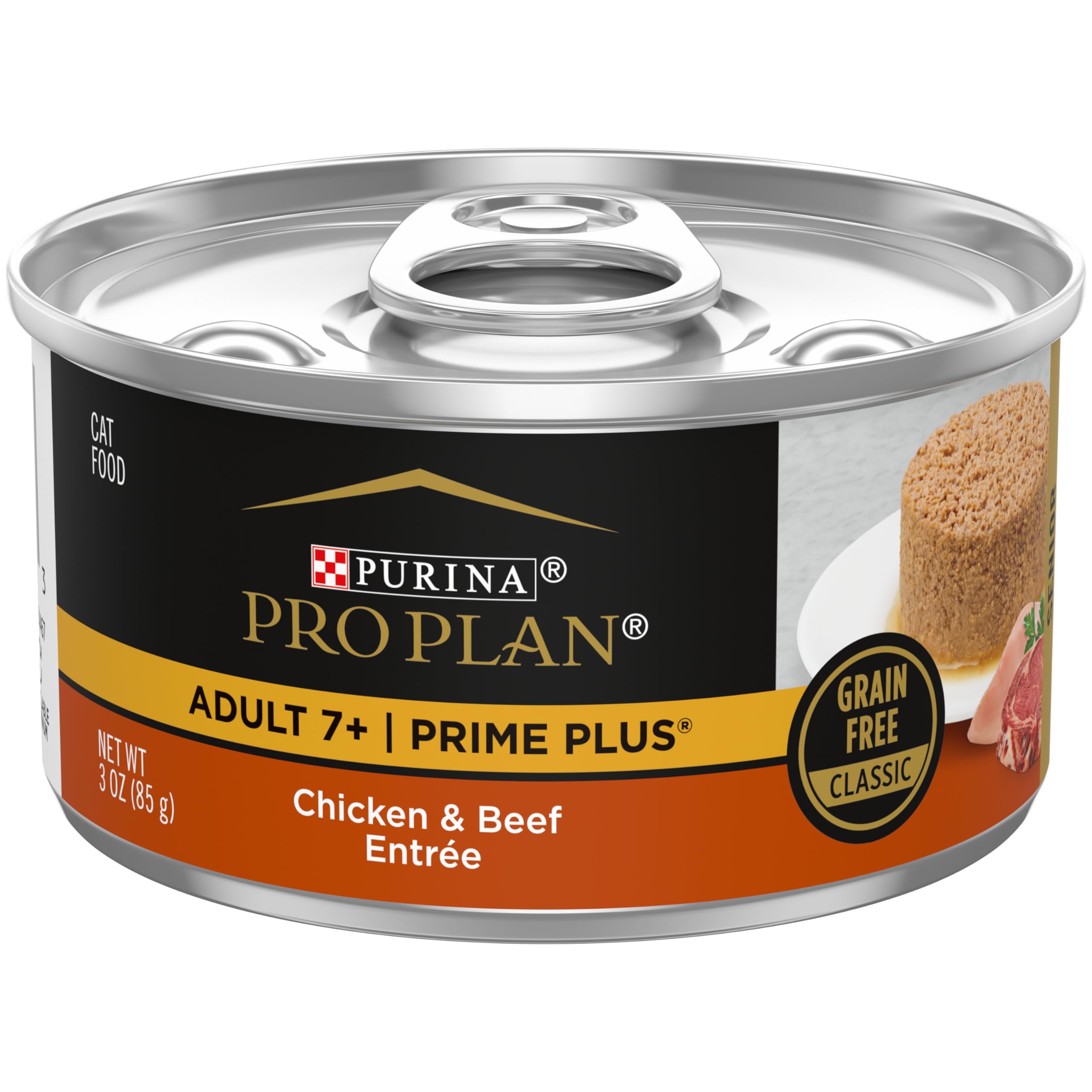 Purina Pro Plan Senior Paté pollo y ternera en lata de 3 oz para gatos mayores.