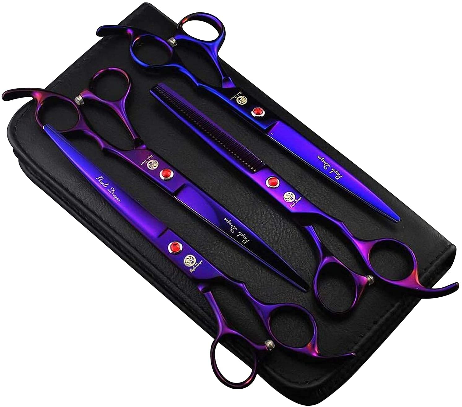 Kit Purple Dragon de grooming para mascotas con estuche, organización profesional y accesibilidad.