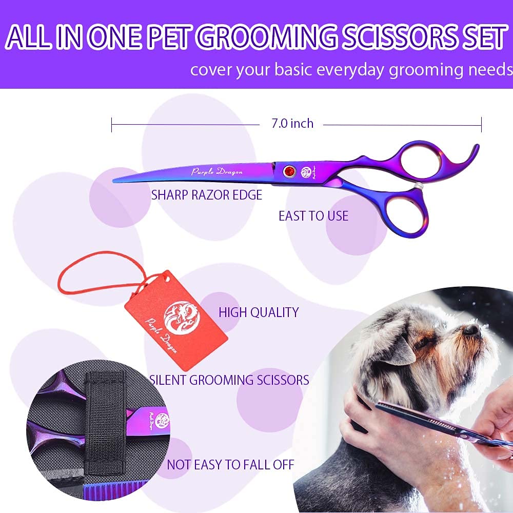 Tijeras rectas Purple Dragon de 7 pulgadas con filo afilado para cortes precisos.