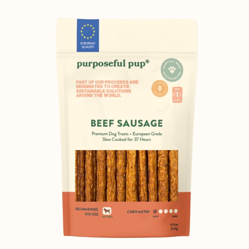 Purposeful Pup salchicha de res en bolsa hermética mantiene la frescura para recompensas.