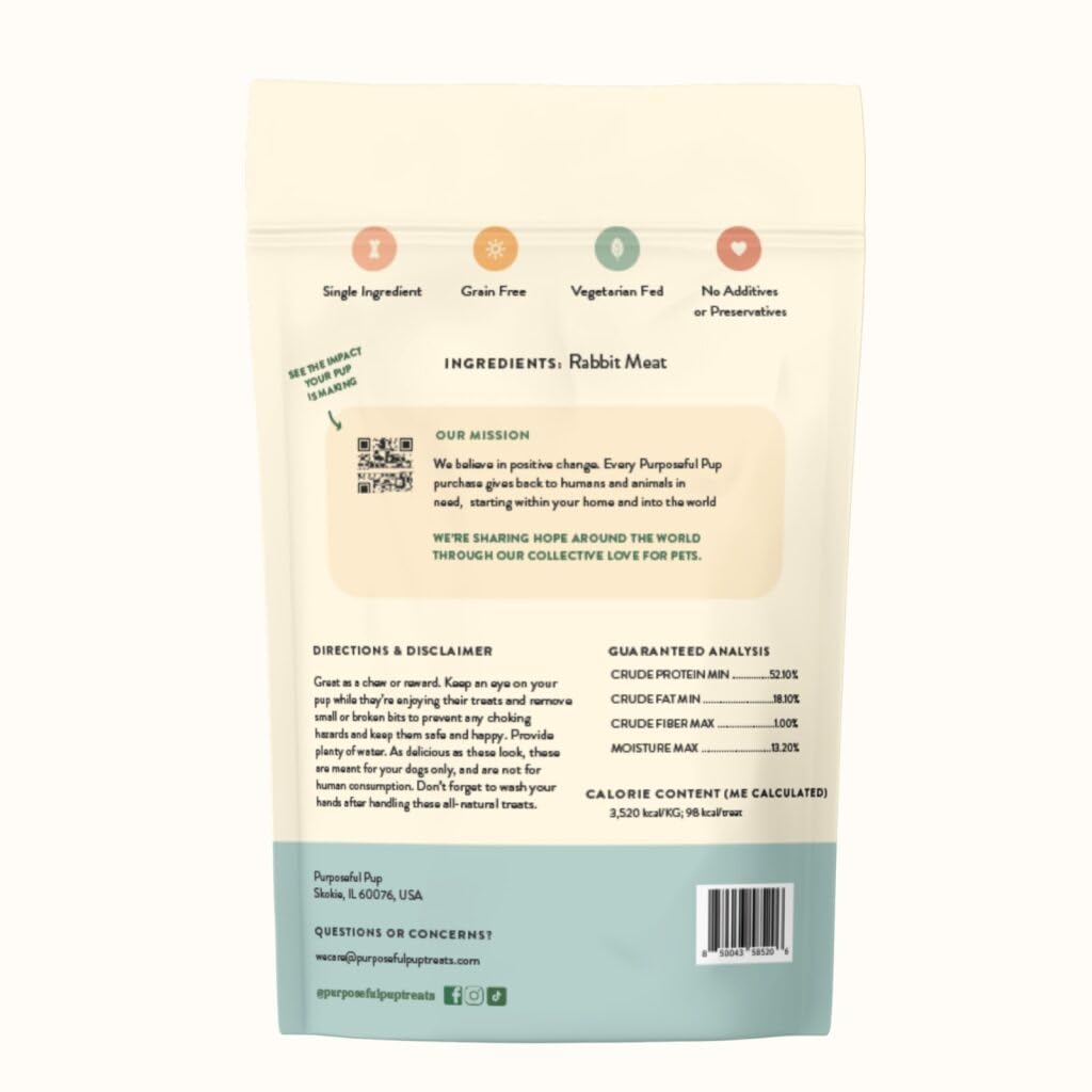 Purposeful Pup ingrediente único conejo, snack natural para perros.