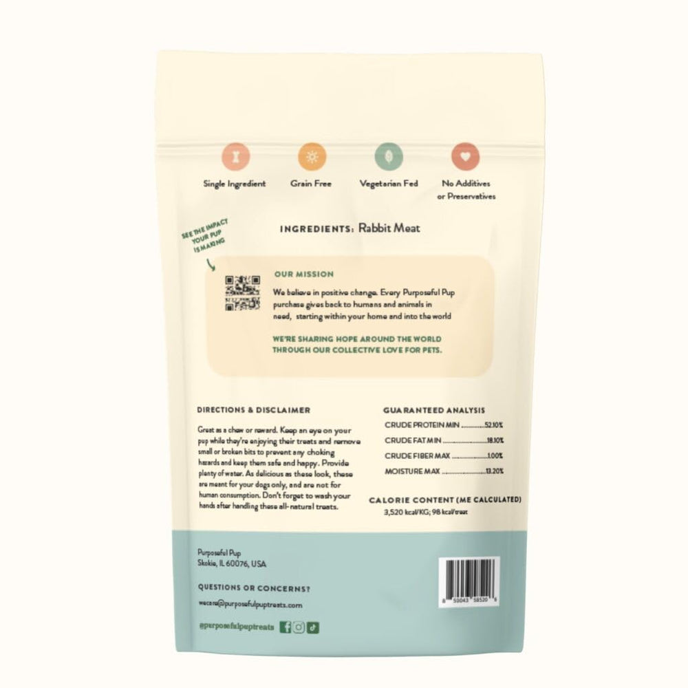 Purposeful Pup ingrediente único conejo, snack natural para perros.