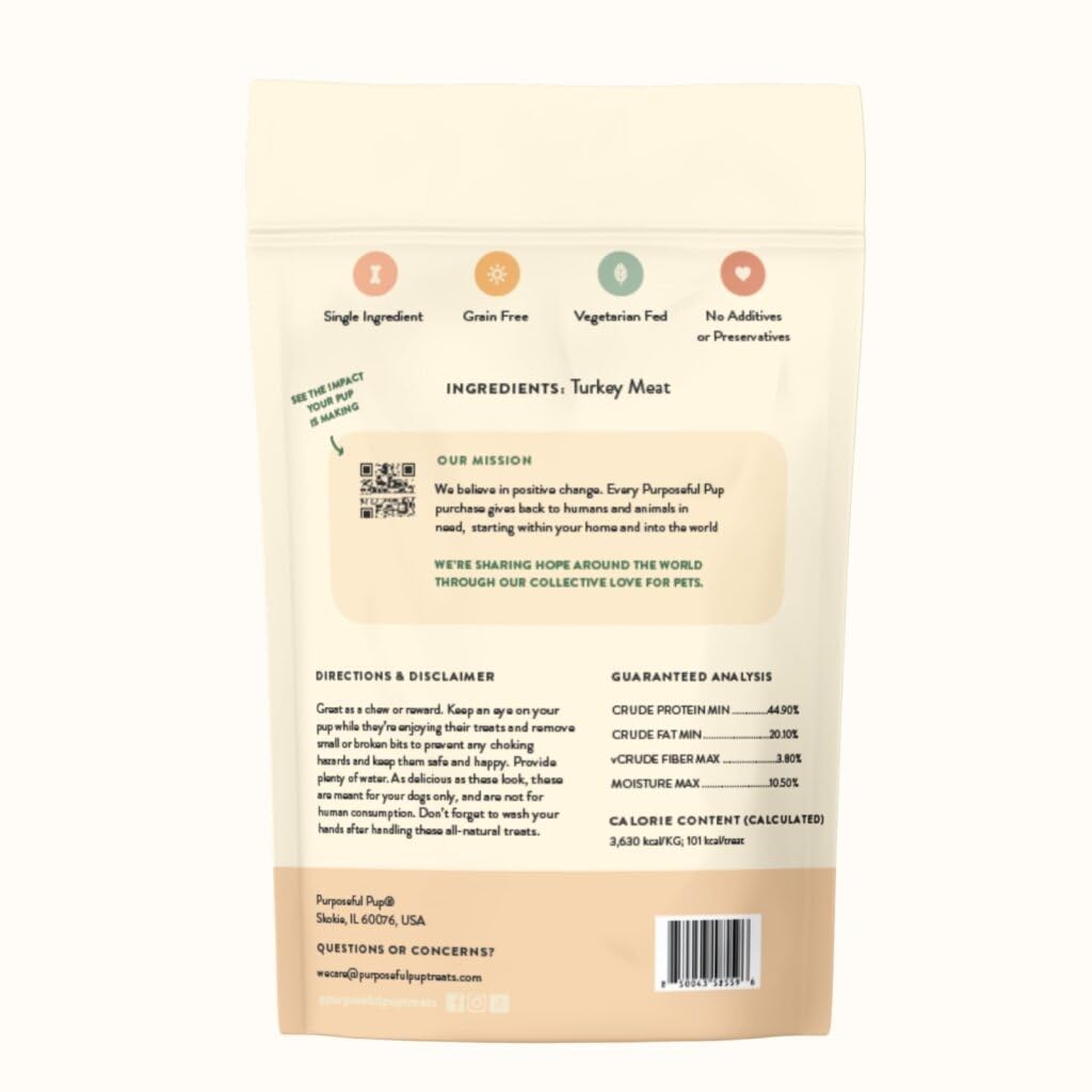Masticables de pavo Purposeful Pup, textura aireada para premios durante paseos.