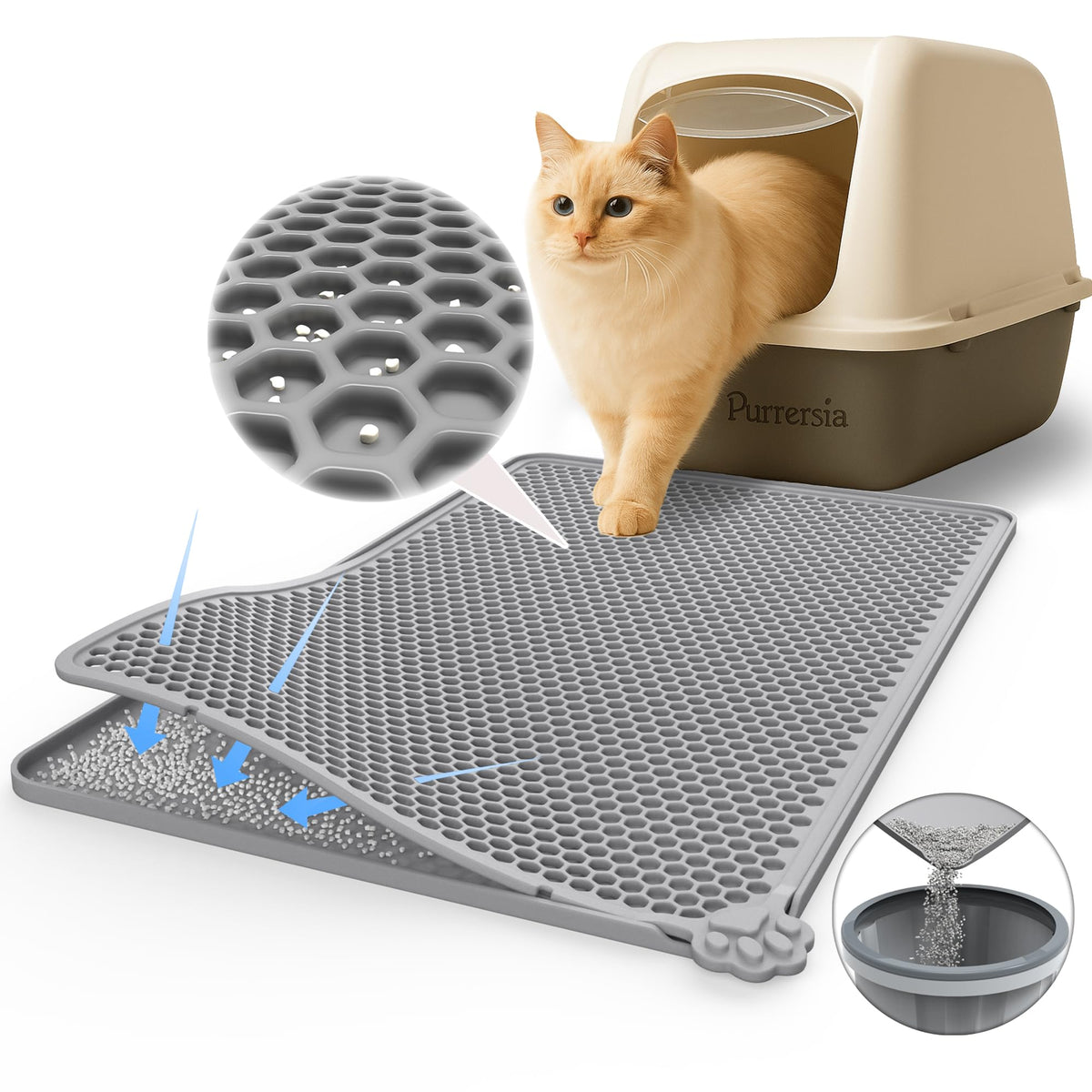 Alfombrilla Purrersia para arena de gatos silicona 24x15, segura y suave para las patas.