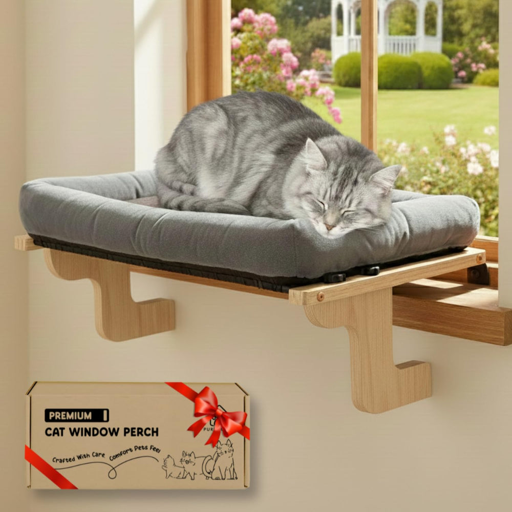 Con PURRHOUSE, la percha-ventana para gatos con base de madera y marco metálico añade estabilidad.