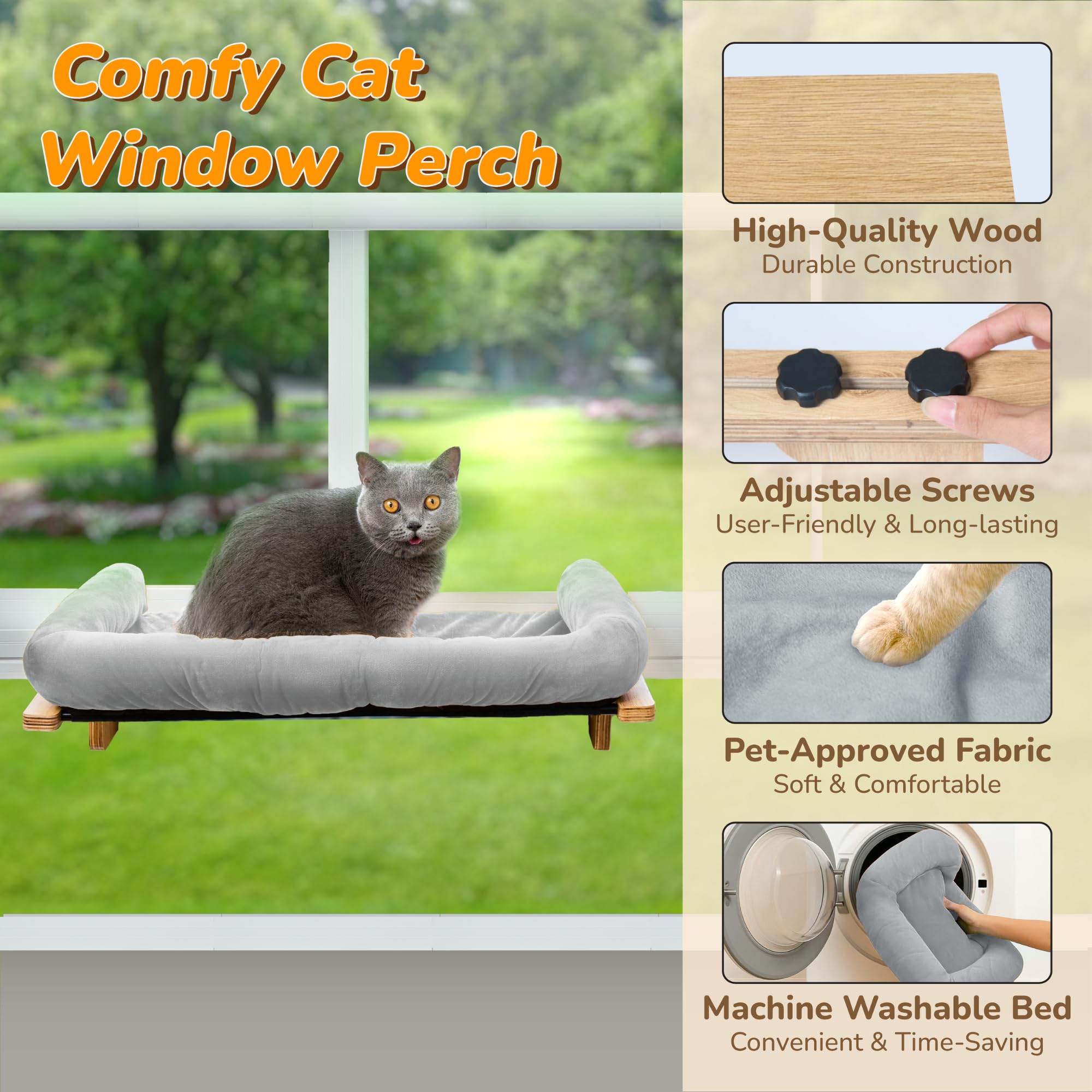 PURRHOUSE percha-ventana-gatos cojín lavable facilita limpieza y confort.