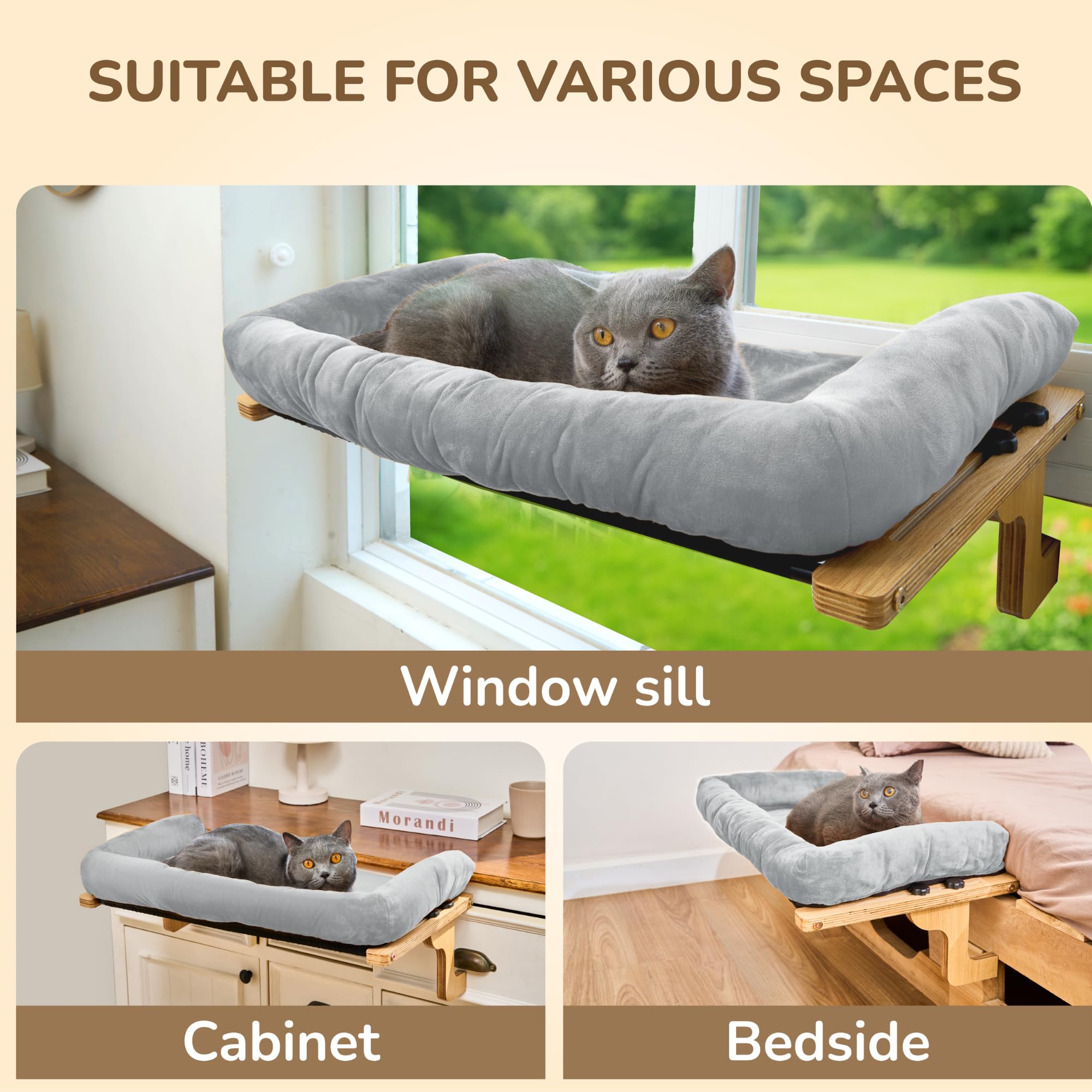PURRHOUSE ofrece percha-ventana-gatos de tamaño 24 por 15 pulgadas para comodidad.