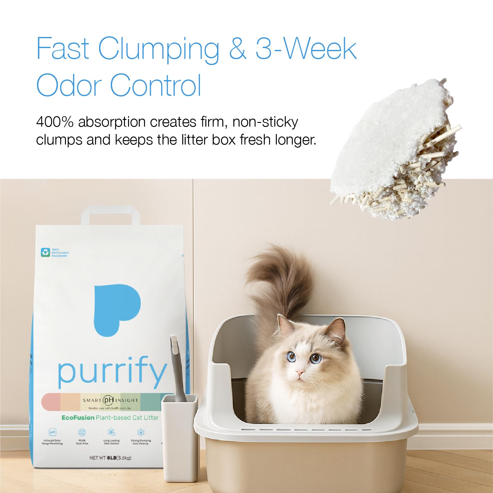 Purrify polvo reducido y menos rastros para un hogar limpio.