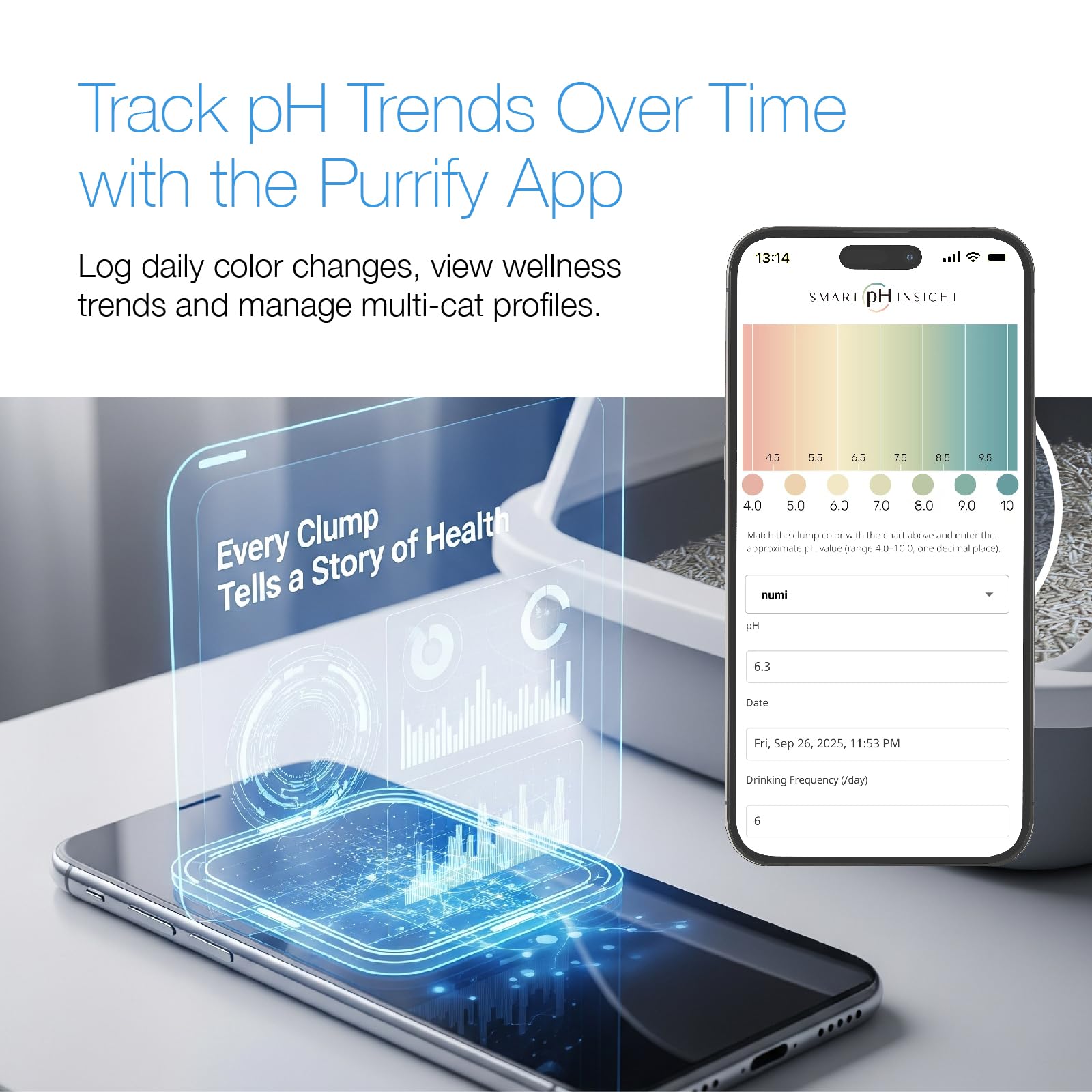 Purrify Registros de salud en app para monitorear cambios por gato.