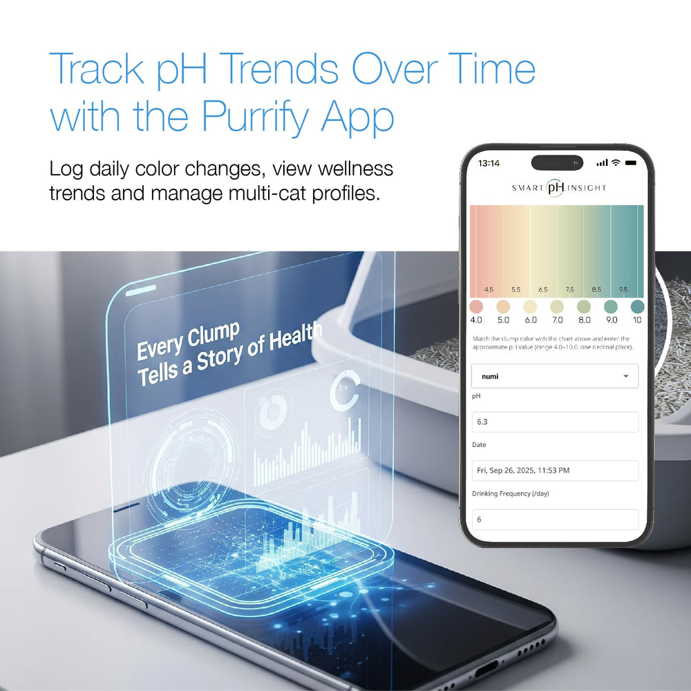 Purrify Registros de salud en app para monitorear cambios por gato.