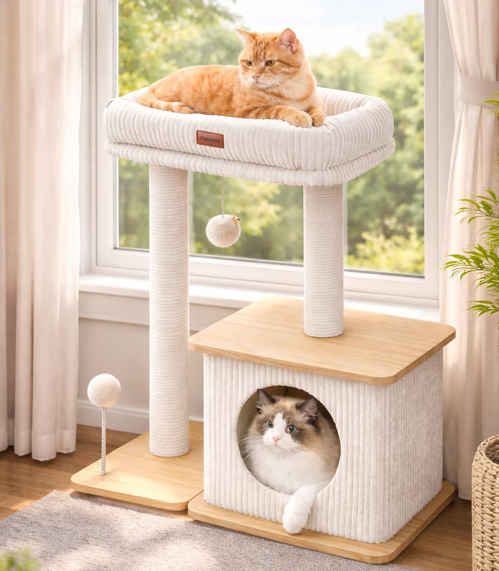 Purrlato arbol-gato moderno nordico, ideal para trepar y observar desde alturas.