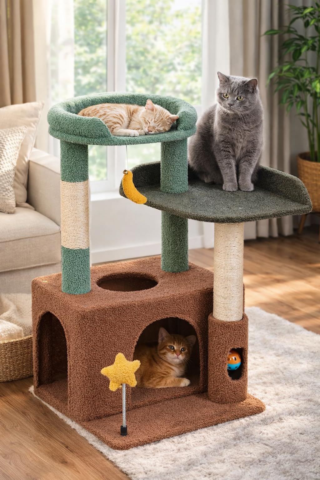 Purrlato base madera estable en verde oliva, soporte robusto y seguro