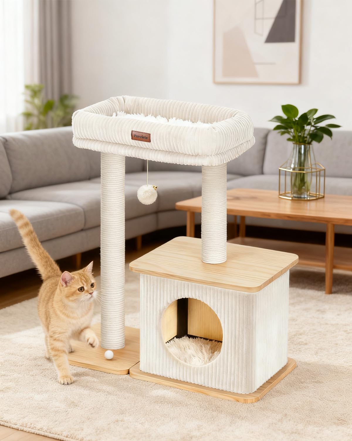 Purrlato centro-entretenimiento, zonas de escalada y escondite para gatos activos.