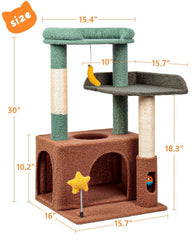 Purrlato condo gato y plataforma plush en verde oliva para descanso cómodo