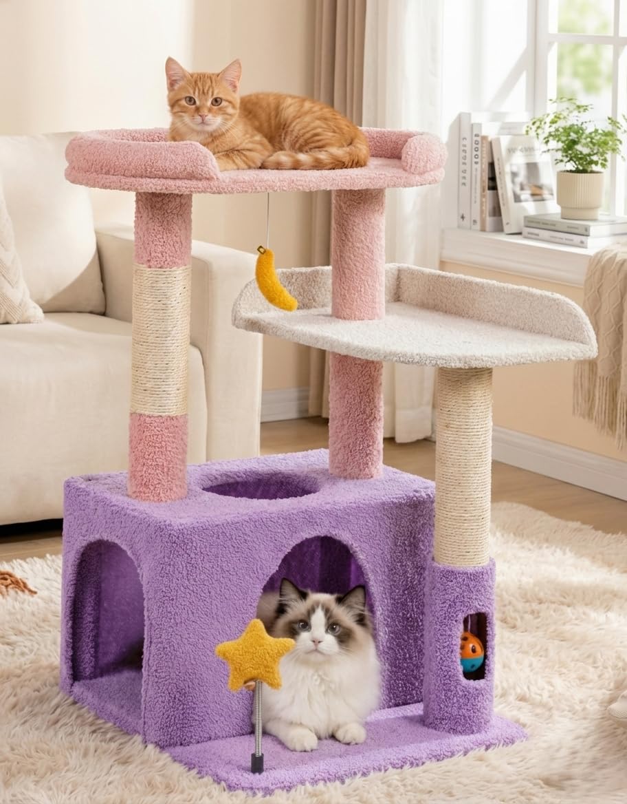 Torre Purrlato 32 pulgadas con violeta lunar y condominio para gatos.