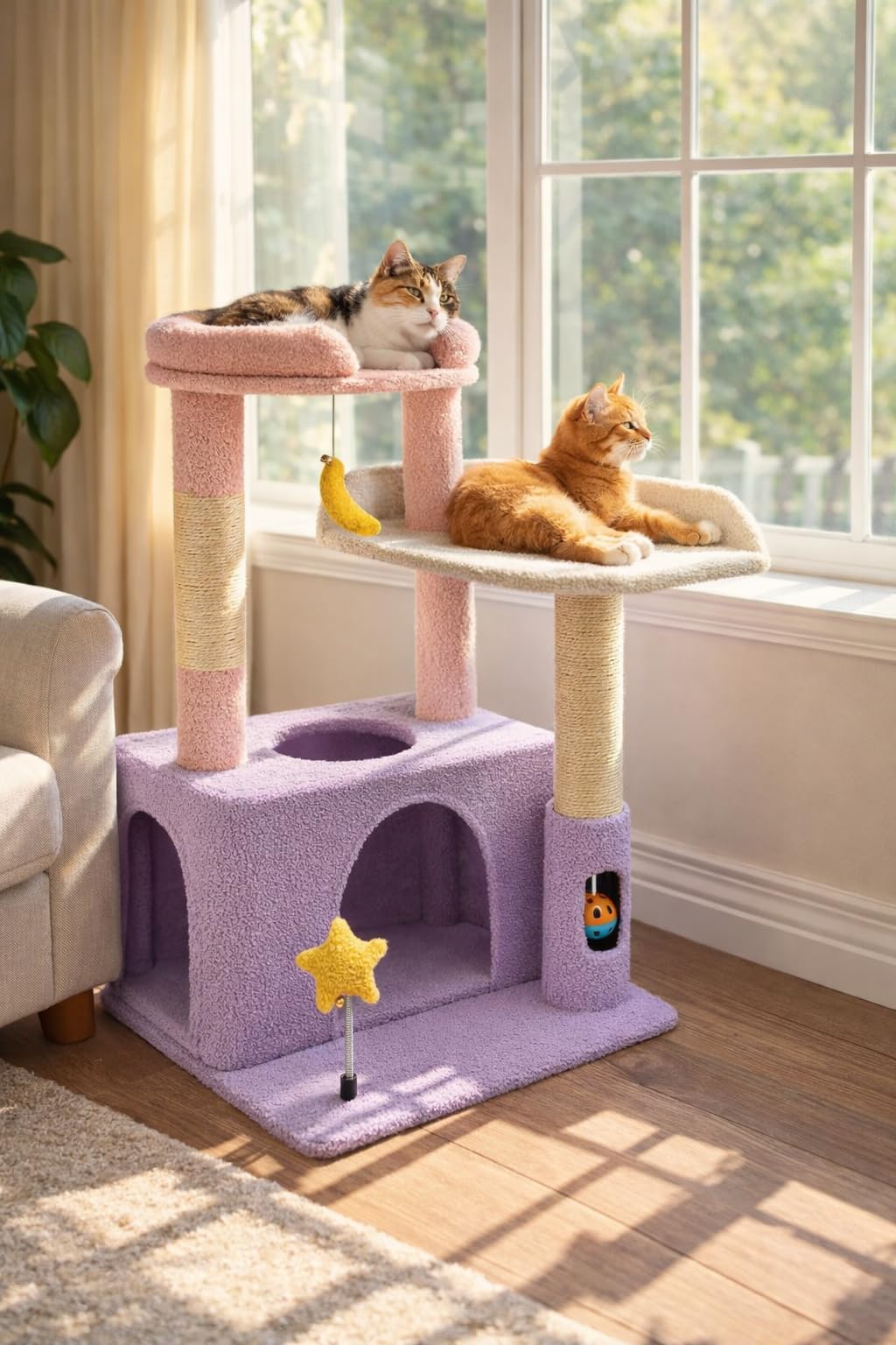 Base amplia de la torre Purrlato ofrece estabilidad.