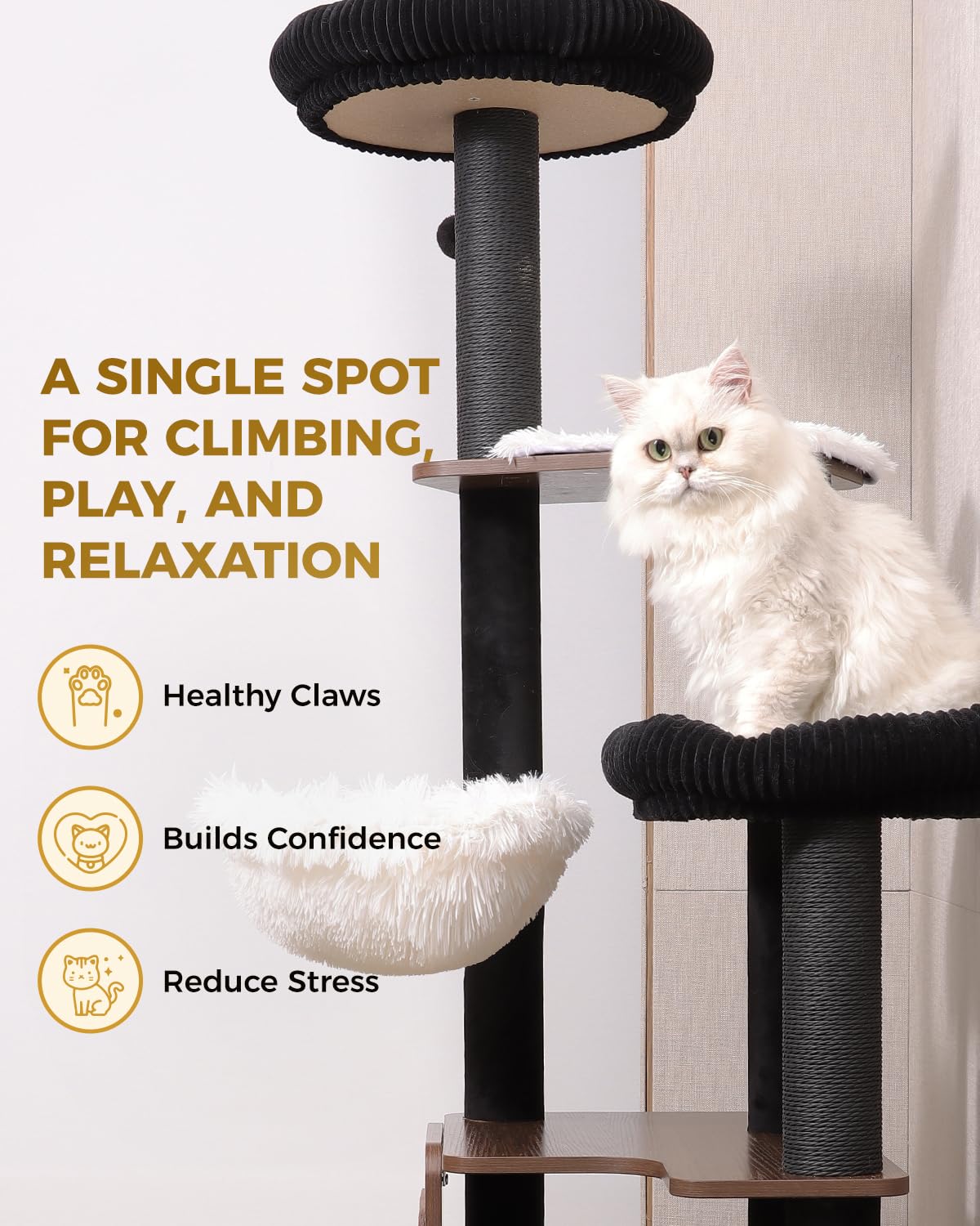 Purrlato torre gatos, cama y hamaca para descanso relajante en altura.