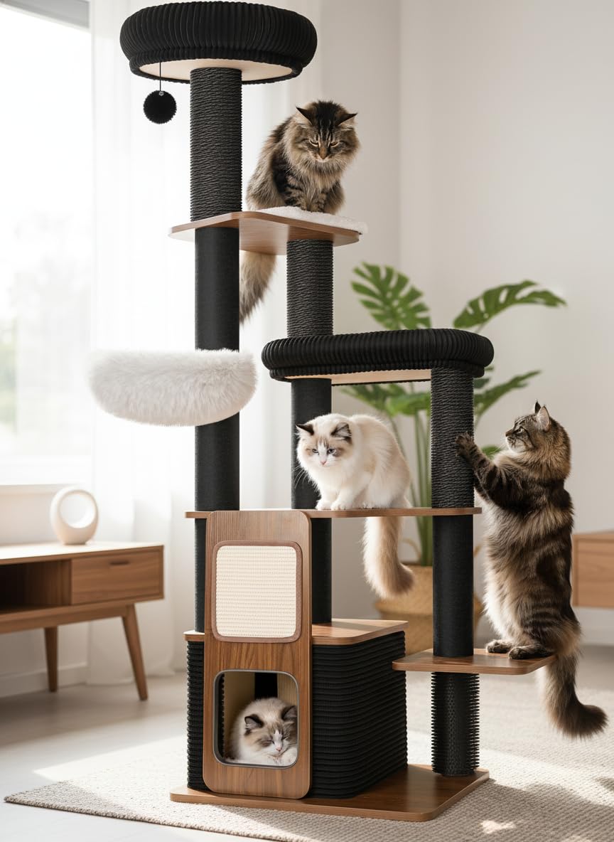 Purrlato torre gatos, base de madera reforzada para mayor estabilidad.