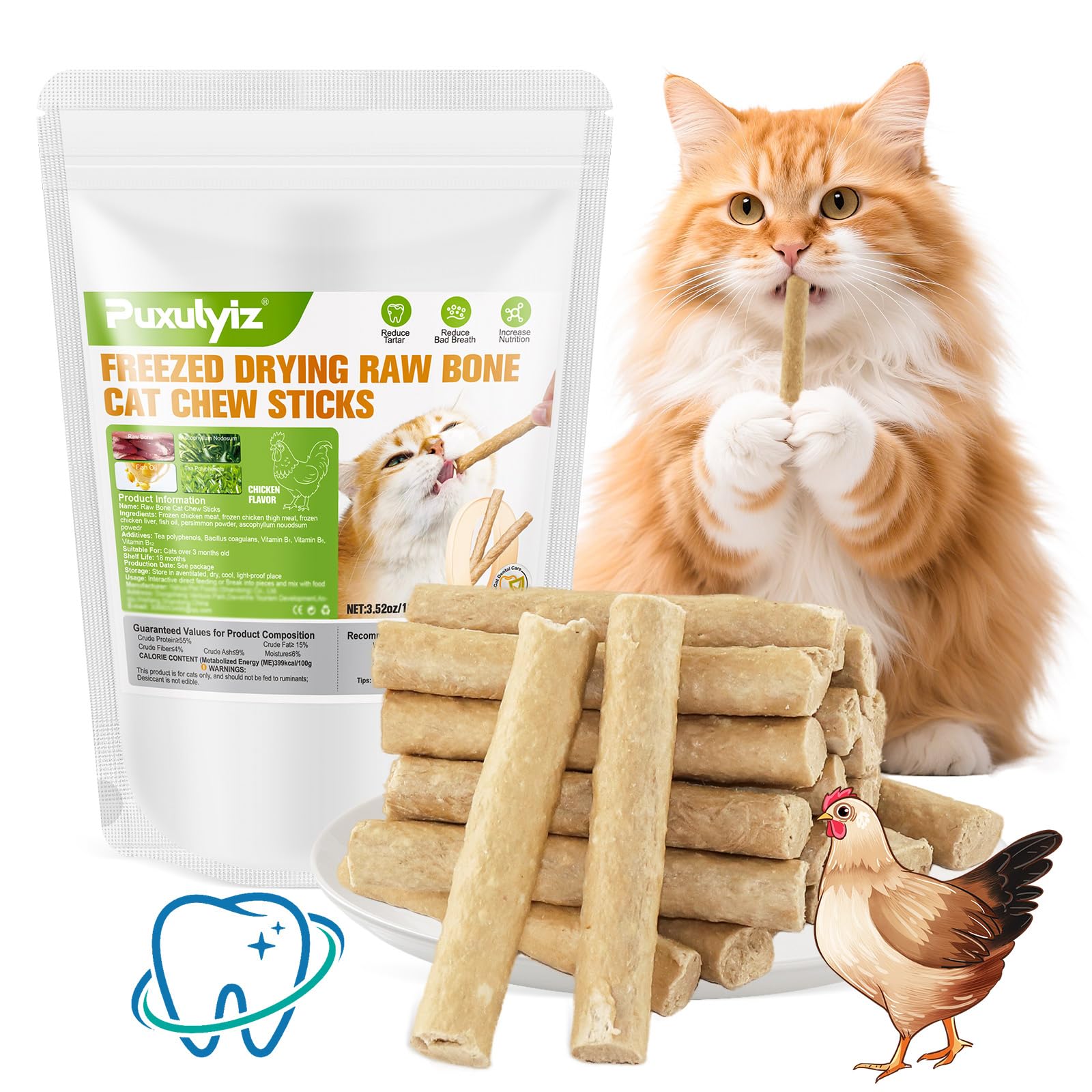 Puxulyiz palitos dentales para gatos, empaque 100 g, apoyo a la higiene bucal.