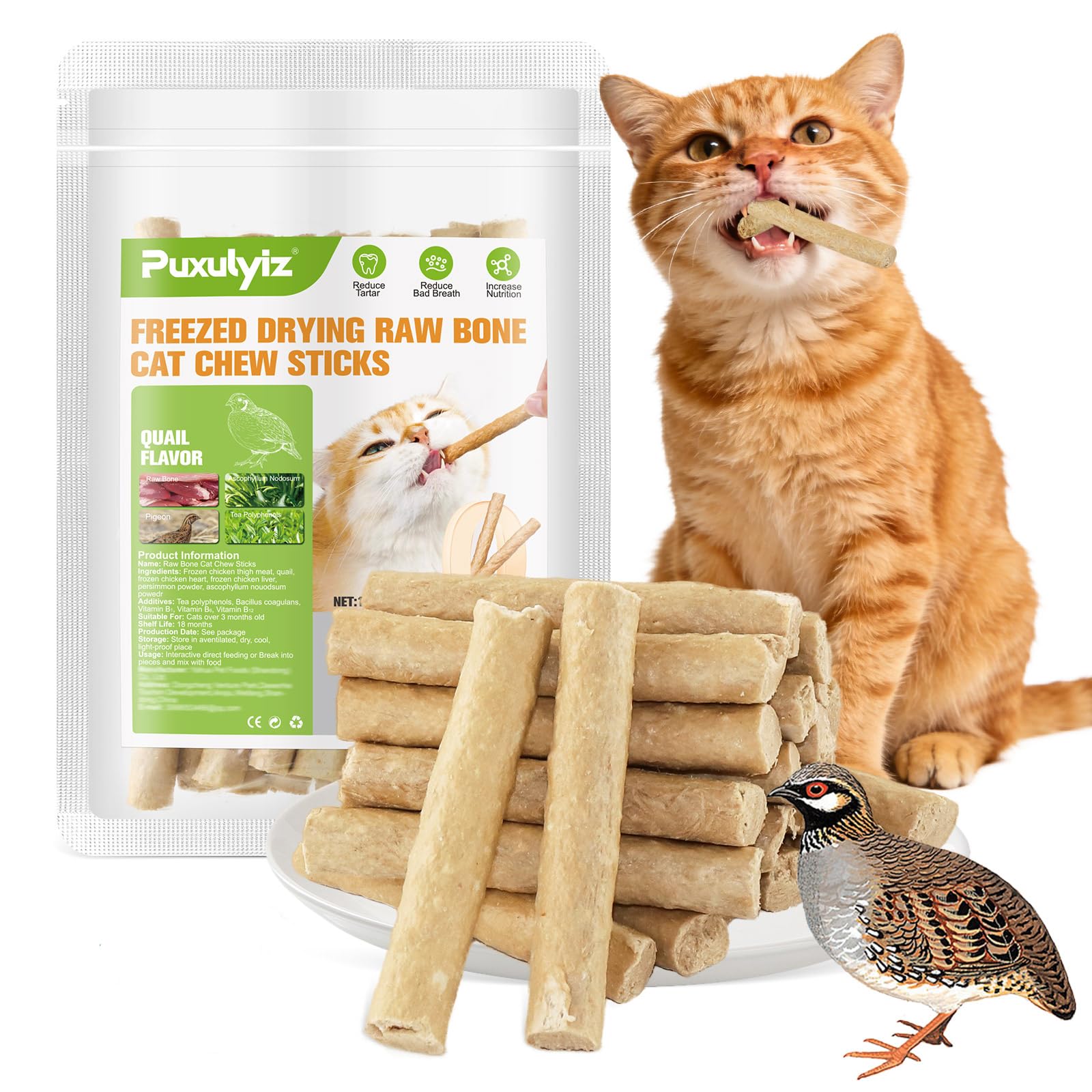 Palitos masticables Puxulyiz codorniz para gatos, textura porosa para limpieza suave.