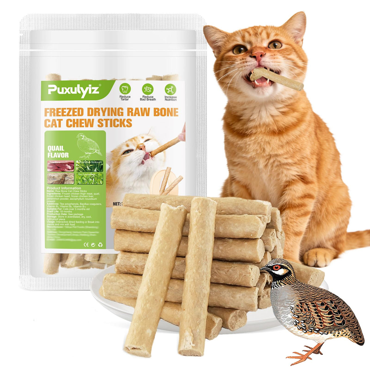 Palitos masticables Puxulyiz codorniz para gatos, textura porosa para limpieza suave.