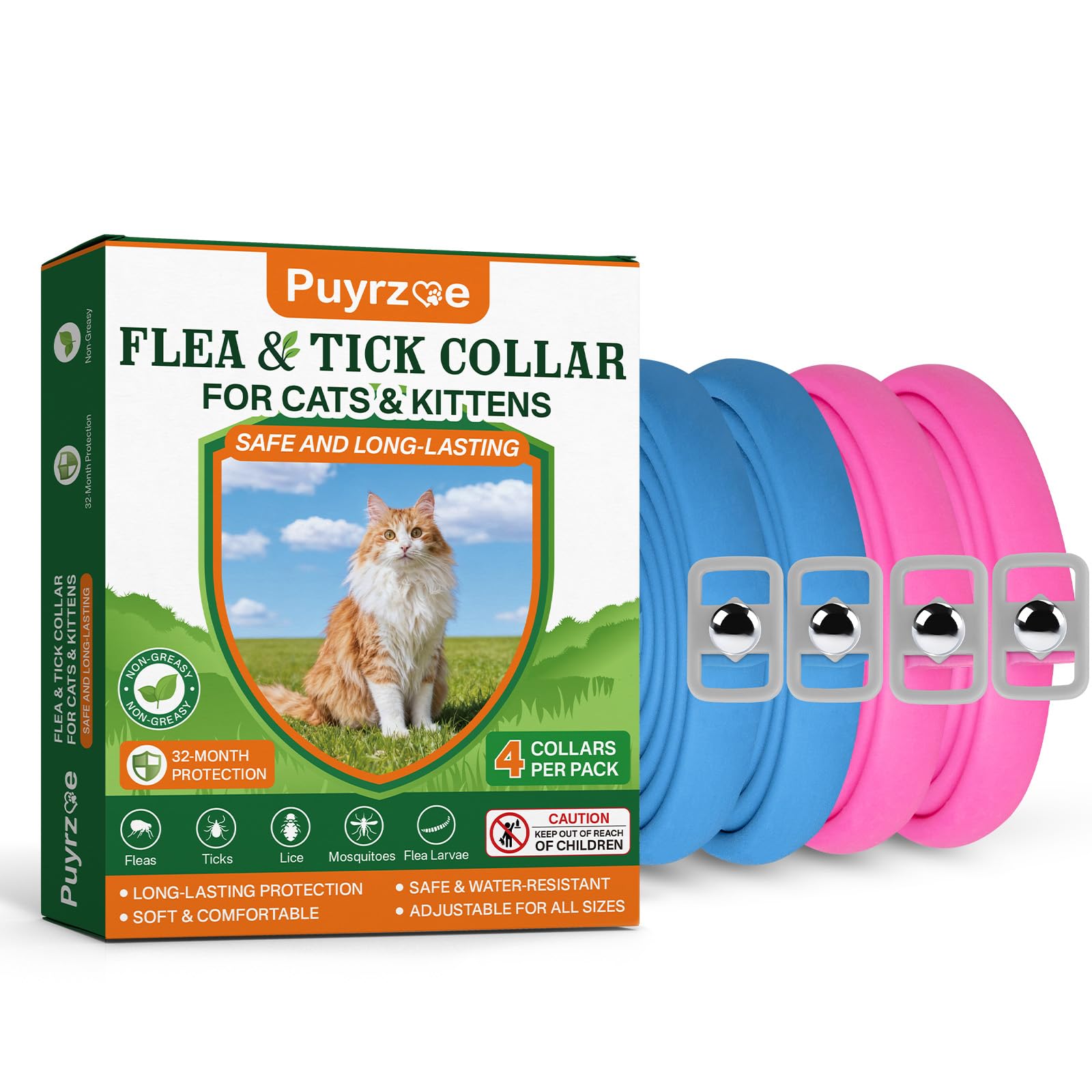Collar Puyrzoe para gatos, diseño de doble color, protege contra pulgas y garrapatas.