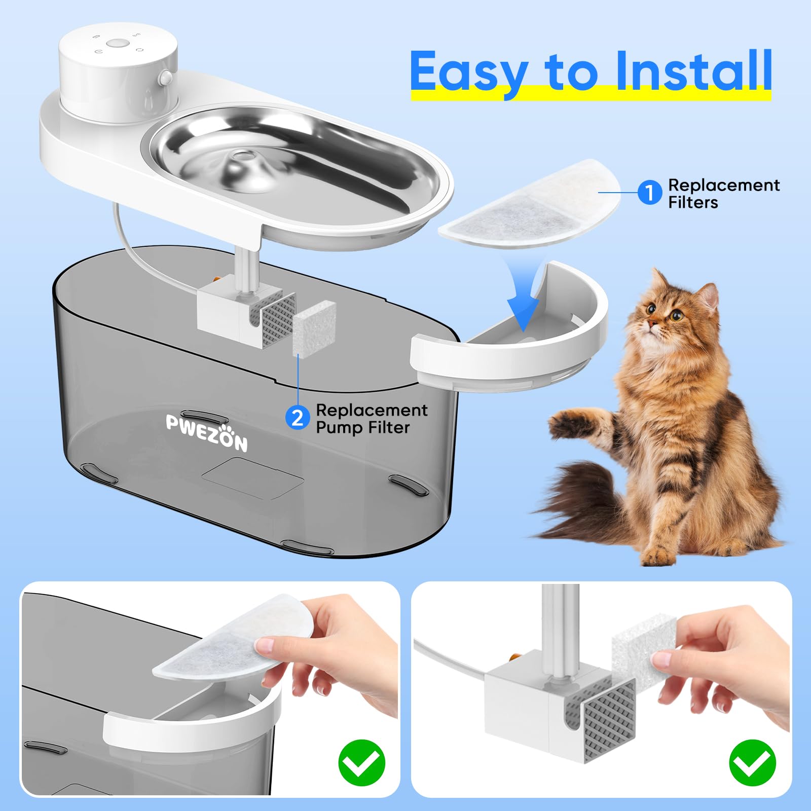 Fuente para gatos PWEZON Cormix en uso, agua lista para beber.