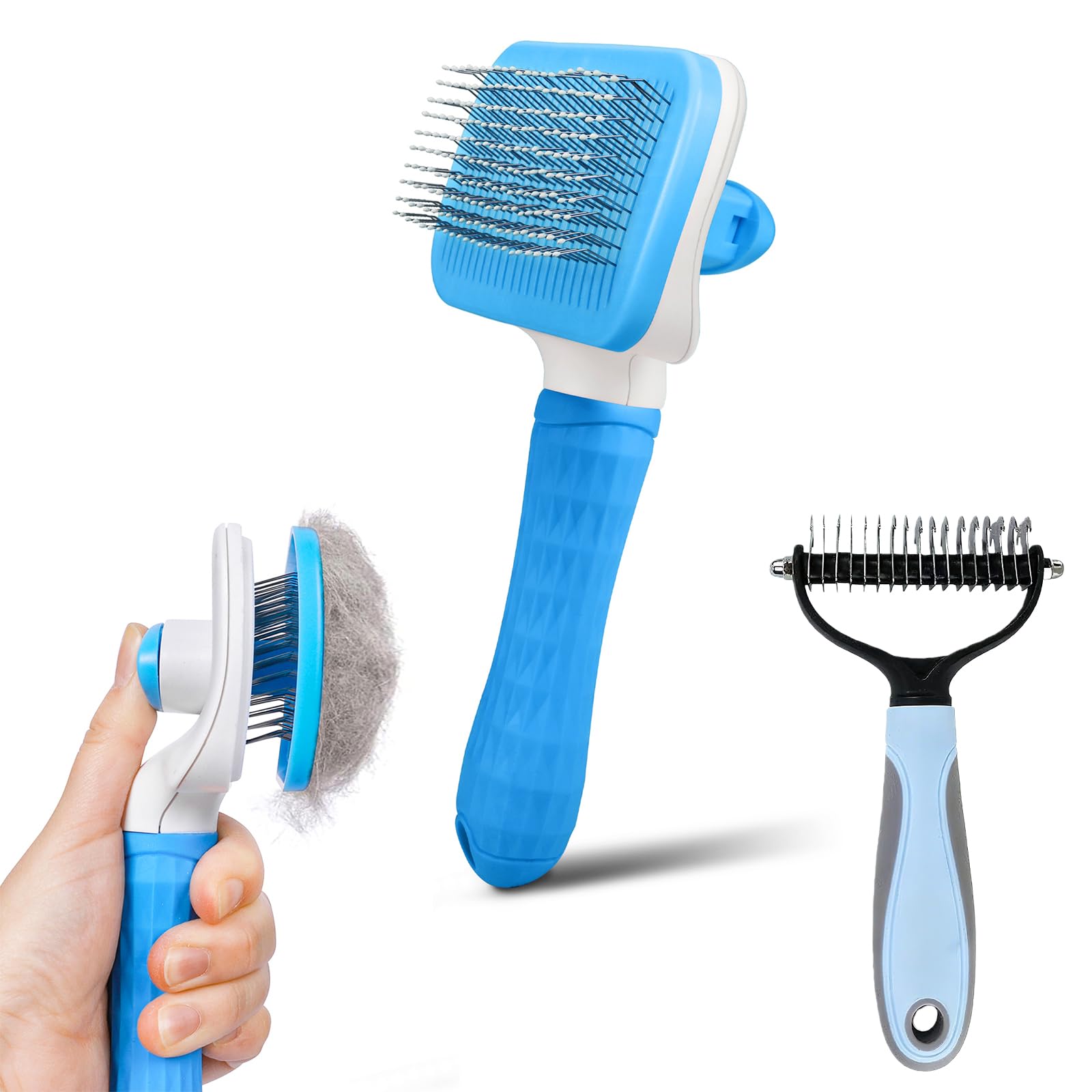 PWOD cepillo auto limpiante para perros y gatos, reduce pelos sueltos con manejo cómodo.