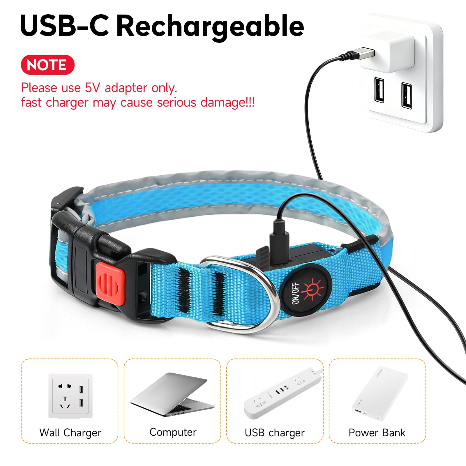 Collar PWOD LED turquesa, luz continua para caminatas largas.
