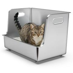 Caja PWTAA para gatos con entrada amplia en acero inoxidable, acceso fácil.