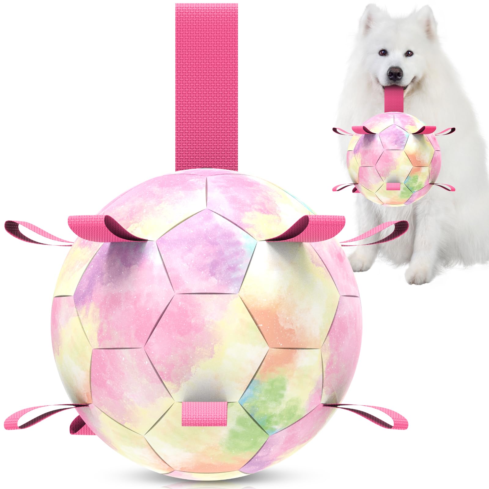 Pelota de fútbol para perros QDAN arcoíris, ideal para juegos al aire libre.
